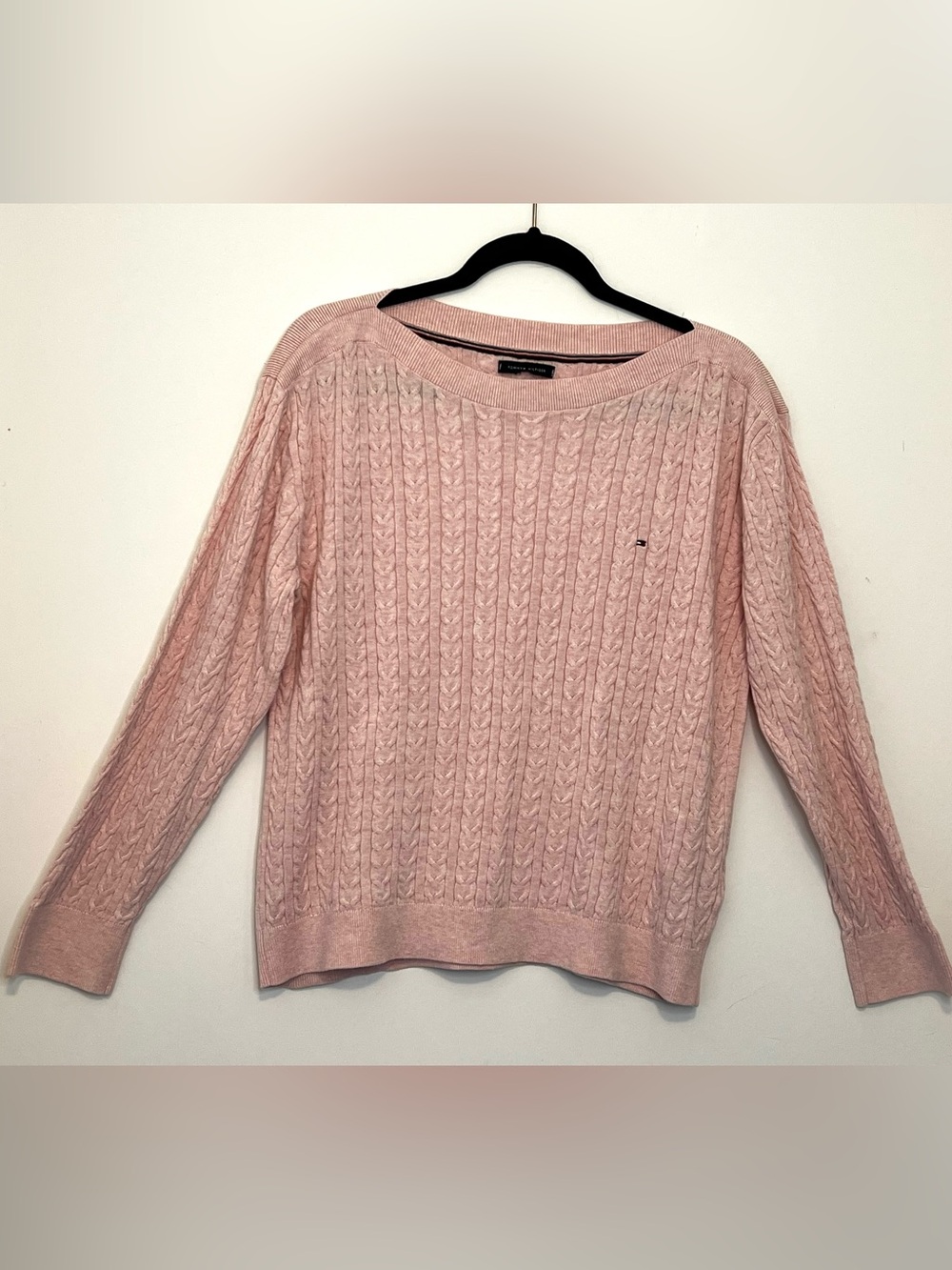 Tommy Hilfiger Preppy Women's Pink Cable-Knit Crew Neck Cotton Sweater XL